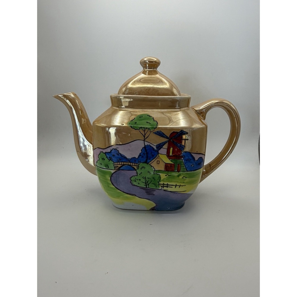 Vintage Japan Teapot Lusterware Hand Painted Rare Cottagecore Farmhouse Windmill